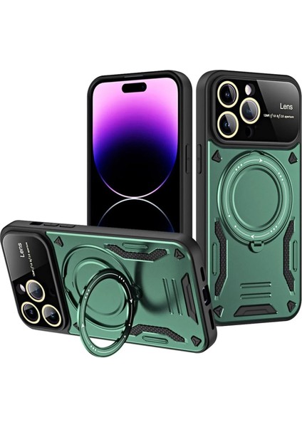 Apple iPhone 16 Pro Max Kılıf Joy Lens Standlı Kapak - Koyu Yeşil Gnzrz