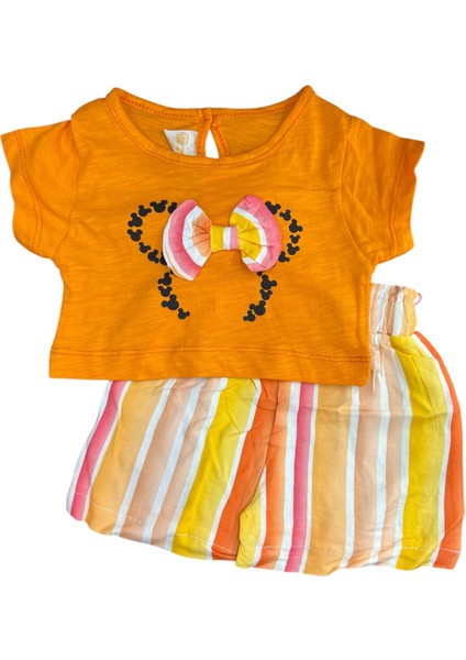 Kız Bebek Crop Şort Takım Gökkuşağı Renkli Minnie Mouse Fiyonk 9-24 Ay