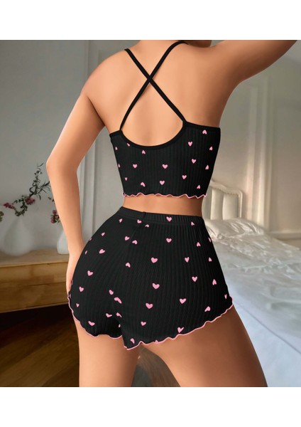 Büyük Beden Askılı Baskılı Şort Crop Gecelik Pijama Takımı