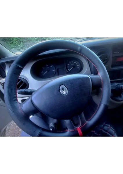 Dikişli Direksiyon Kılıfı Siyah Deri Noktalı Deri Kırmızı Yüzük / Dikişli Renault Master Için