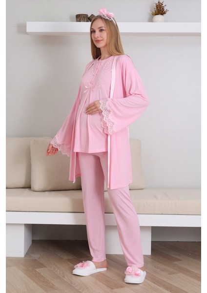 Bebe Pembe Renk Erdeniz 3433 Kısa Kol Dantel Detaylı 3 Lü ve Sabahlıklı Hamile Pijama Takımı fiyatları