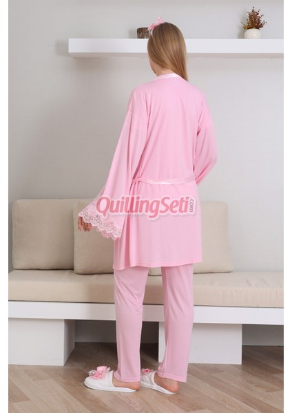 Bebe Pembe Renk Erdeniz 3433 Kısa Kol Dantel Detaylı 3 Lü ve Sabahlıklı Hamile Pijama Takımı fırsatları