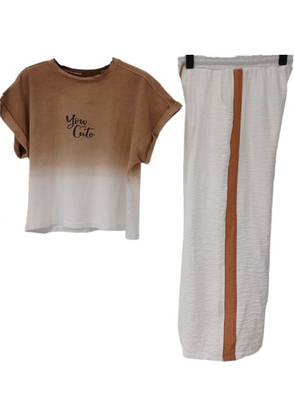 Kız Çocuk You Cute Kahverengi Çift Renk Tişört Yanı Şeritli Pantolon Ikili Takım