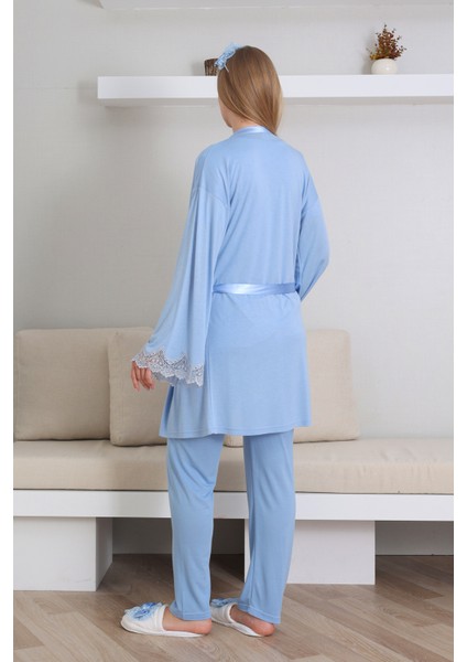Bebe Mavi Renk Erdeniz 3433 Kısa Kol Dantel Detaylı 3 Lü ve Sabahlıklı Hamile Pijama Takımı fiyatları