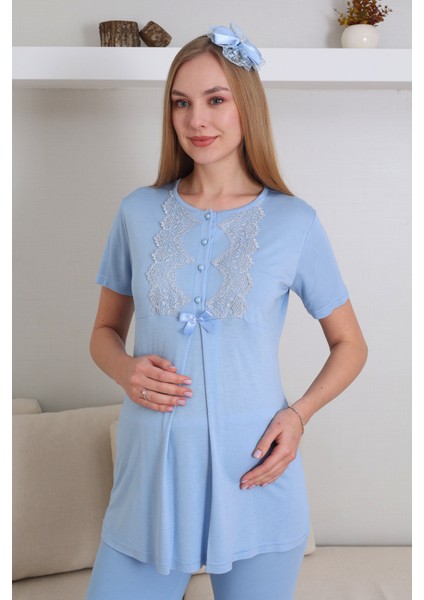 Bebe Mavi Renk Erdeniz 3433 Kısa Kol Dantel Detaylı 3 Lü ve Sabahlıklı Hamile Pijama Takımı modelleri