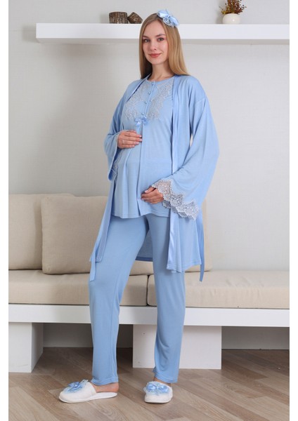 Bebe Mavi Renk Erdeniz 3433 Kısa Kol Dantel Detaylı 3 Lü ve Sabahlıklı Hamile Pijama Takımı fırsatları