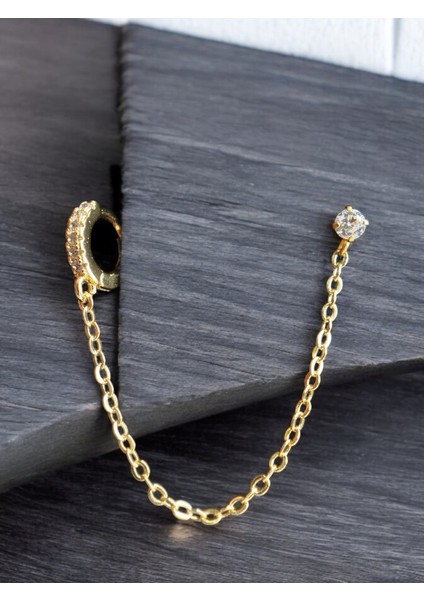 Zincirli Taşlı Sarı Halka ve Küpe Helix ve Tragus Içinde Uygun Cerrahi 316L Çelik Piercing