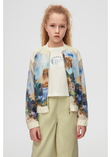 10-16YAŞ Arası Kız Çocuk Forest Fermuarlı Ceket - Krem-Mavi