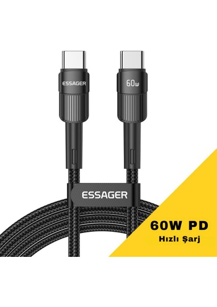 1 Metre 60W Pd Type C To Type C Şarj Kablosu, Akım, Isı ve Güç Korumalı Ultra Sağlam Kablo