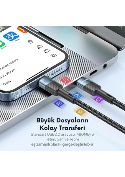 1 Metre 60W Pd Type C To Type C Şarj Kablosu, Akım, Isı ve Güç Korumalı Ultra Sağlam Kablo