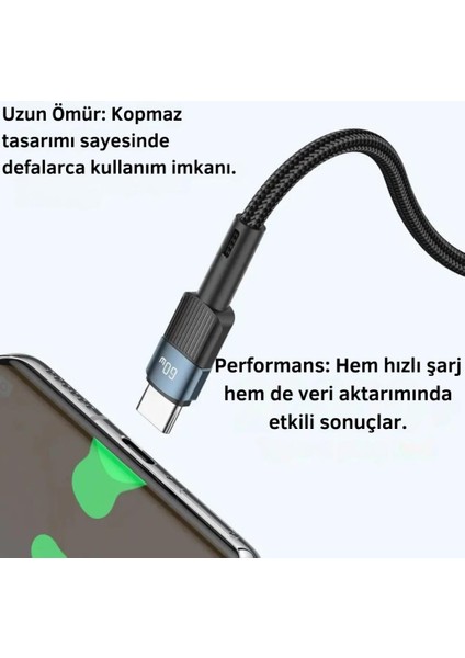 1 Metre 60W Pd Type C To Type C Şarj Kablosu, Akım, Isı ve Güç Korumalı Ultra Sağlam Kablo