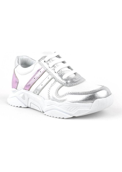 Hakiki Deri Gümüş Pembe Kalın Tabanlı Kız Çocuk Sneakers Ayakkabı