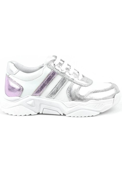 Hakiki Deri Gümüş Pembe Kalın Tabanlı Kız Çocuk Sneakers Ayakkabı