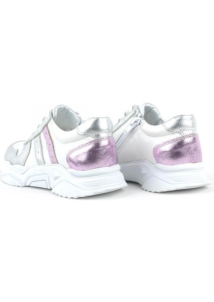 Hakiki Deri Gümüş Pembe Kalın Tabanlı Kız Çocuk Sneakers Ayakkabı