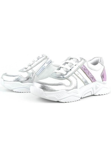 Hakiki Deri Gümüş Pembe Kalın Tabanlı Kız Çocuk Sneakers Ayakkabı
