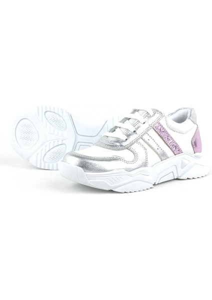 Hakiki Deri Gümüş Pembe Kalın Tabanlı Kız Çocuk Sneakers Ayakkabı