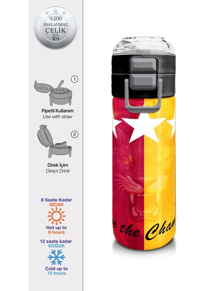 Kids Sarı Kırmızı 5 Yıldız Aslan Taraftar Desenli Pipetli ve Direkt Içim Çelik Termos 500 ml 31792