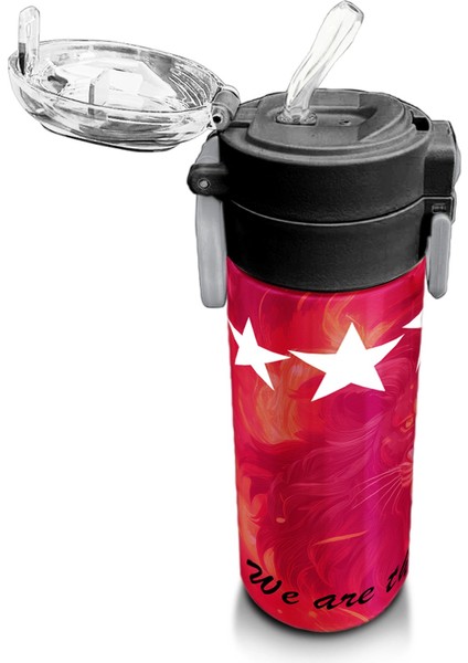 Kids Sarı Kırmızı 5 Yıldız Aslan Taraftar Desenli Pipetli ve Direkt Içim Çelik Termos 500 ml 31792