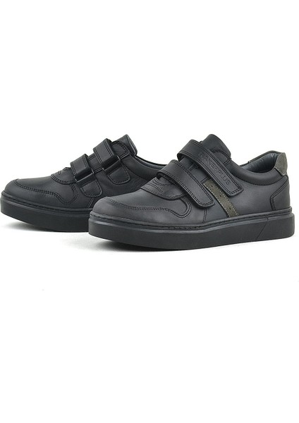 Hakiki Deri Siyah Cırtlı Erkek Çocuk Sneaker Ayakkabı