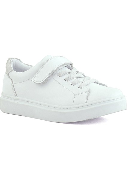 Hakiki Deri Beyaz Cırtlı Bağcıklı Kız Çocuk Sneakers