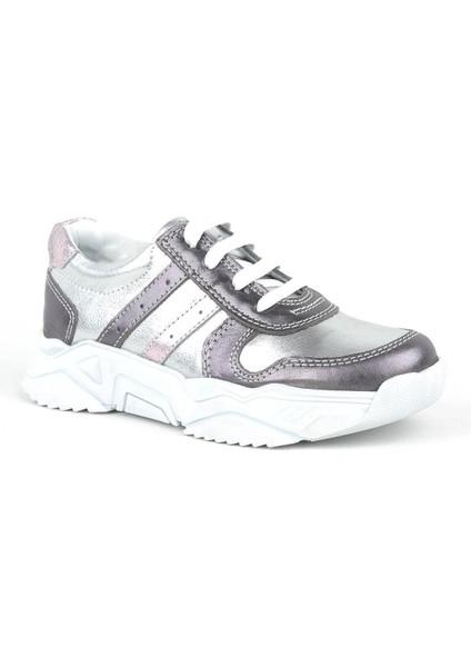 Hakiki Deri Platin Pembe Kalın Taban Kız Çocuk Sneakers Ayakkabı