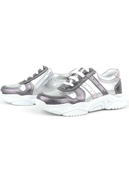 Hakiki Deri Platin Pembe Kalın Taban Kız Çocuk Sneakers Ayakkabı