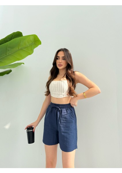 Çift Cep Detaylı Beli Bağlamalı Keten Şort KETŞ007