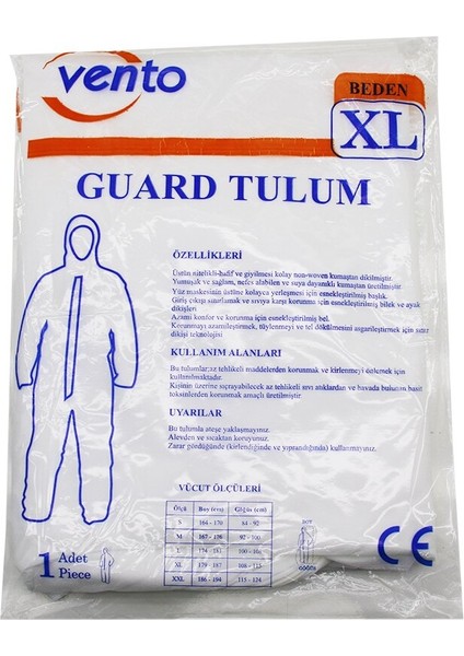 Vento Xl Guard Koruyucu Tulum Beyaz - Hafif - Non-Woven Kumaş Boy: 179-187CM - Göğüs: 108-115CM