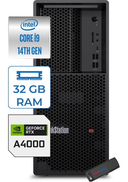 Thinkstation P3 Tower Intel I9-14900K 32GB Ddr5 1tb SSD Nvıdıa 20GB/ RTX4000ADA 750W Windows 11 Pro Workstatıon Bilgisayar WS30GS00CRTR12+ZETTAUSBBELLEK