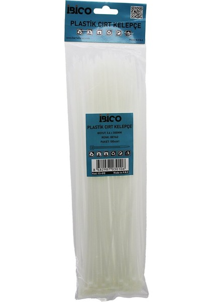 100PCS Beyaz 3.6X300MM Plastik Cırt Kelepçe