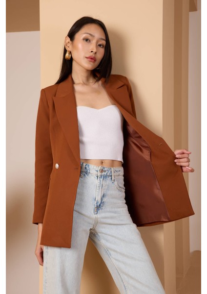 Acı Kahve Oversize Dokuma Blazer Ceket