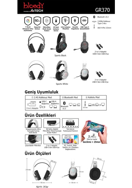 GR370 Beyaz ŞARJLI(1050MAH) 7-Renk Aydınlatmalı Kulaküstü Mikrofonlu Kulaklık (Bluetooth/usb/3,5mm Jack Bağlantılı) indirimleri