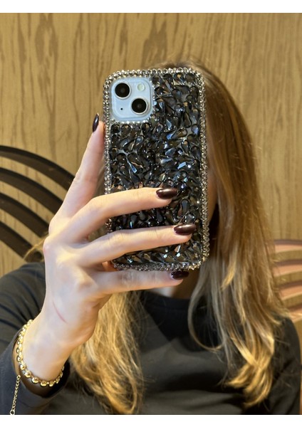 Apple iPhone 14 Plus ve 15 Plus Uyumlu Lüks Siyah Kristal Taşlı Kılıf
