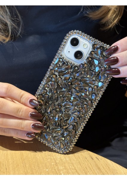 Apple iPhone 14 Plus ve 15 Plus Uyumlu Lüks Siyah Kristal Taşlı Kılıf