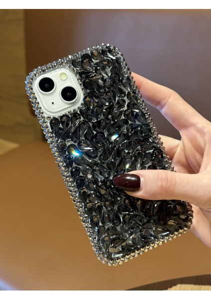 Apple iPhone 14 Plus ve 15 Plus Uyumlu Lüks Siyah Kristal Taşlı Kılıf