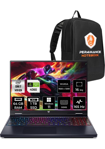 Predator Helios Neo 16 Intel Core I7 14650HX 64GB 1tb SSD RTX4060/8GB 140W 16" Fhd+ 180Hz Windows 11 Pro Taşınabilir Bilgisayar & Per4 Çanta NHQQVEY002P413