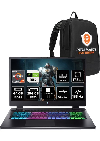 Nitro 17 Amd Ryzen 7 7735HS 64GB 256GB SSD RTX4050/6GB 140W 17.3" Fhd 165Hz Windows 11 Pro Taşınabilir Bilgisayar & Per4 Çanta NHQL1EY003P411