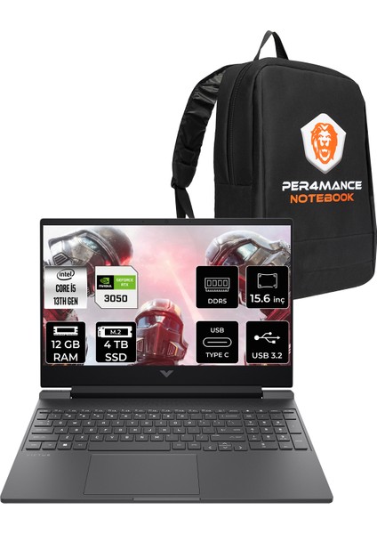 Victus 15 Intel Core I5 13420H 12GB Ram 4tb SSD RTX3050/6GB 144Hz 15.6" Fhd Fdos Taşınabilir Bilgisayar & Per4 Çanta B7TG9EAPN310
