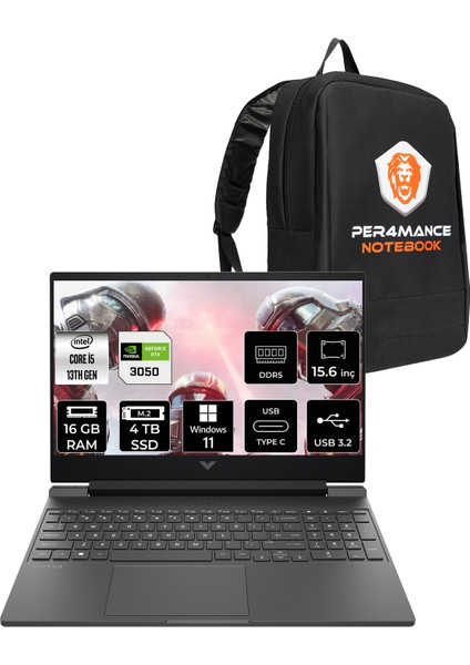 Victus 15 Intel Core I5 13420H 16GB Ram 4tb SSD RTX3050/6GB 144Hz 15.6" Fhd Windows 11 Home Taşınabilir Bilgisayar & Per4 Çanta B7TG9EAPN365