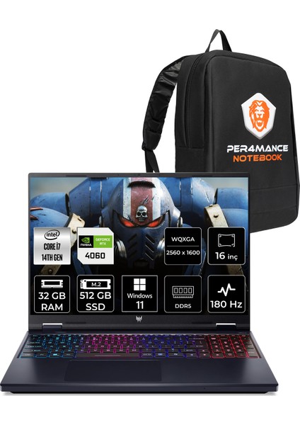Predator Helios Neo 16 Intel Core I7 14650HX 32GB 512GB SSD RTX4060/8GB 140W 16" Qhd+ 180Hz Windows 11 Pro Taşınabilir Bilgisayar & Per4 Çanta NHQRFEY001P397