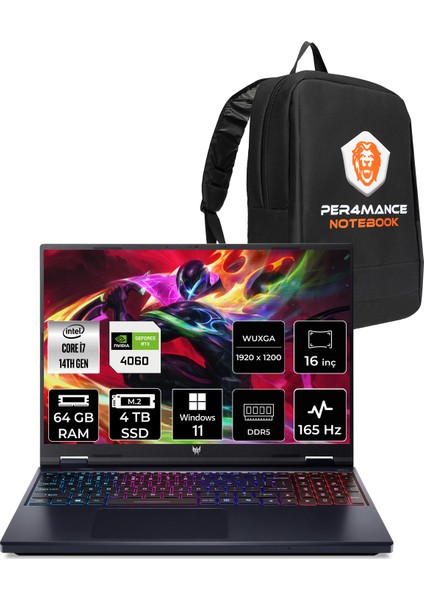 Predator Helios Neo 16 Intel Core I7 14650HX 64GB 4tb SSD RTX4060/8GB 140W 16" Fhd+ 180Hz Windows 11 Pro Taşınabilir Bilgisayar & Per4 Çanta NHQQVEY002P415
