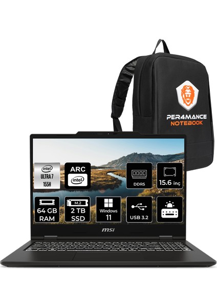 Msı Venture 15 Aı Intel Core Ultra 7 155H 64GB 2tb SSD 15.6" Fhd 144Hz W11P Taşınabilir Bilgisayar & Per4 Çanta A1MG012XTRP414