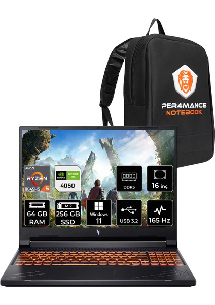 Nitro V 16 Aı Amd Ryzen 5 8645HS 64GB 256GB SSD RTX4050/6GB 85W 16" Fhd+ 165Hz Windows 11 Pro Taşınabilir Bilgisayar & Per4 Çanta NHQRVEY004P411