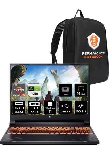 Nitro V 16 Aı Amd Ryzen 5 8645HS 96GB 1tb SSD RTX4050/6GB 85W 16" Fhd+ 165Hz Windows 11 Pro Taşınabilir Bilgisayar & Per4 Çanta NHQRVEY004P418