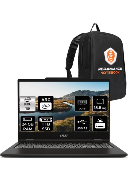 Msı Venture 15 Aı Intel Core Ultra 7 155H 24GB 1tb SSD 15.6" Fhd 144Hz Fdos Taşınabilir Bilgisayar & Per4 Çanta A1MG012XTRP313