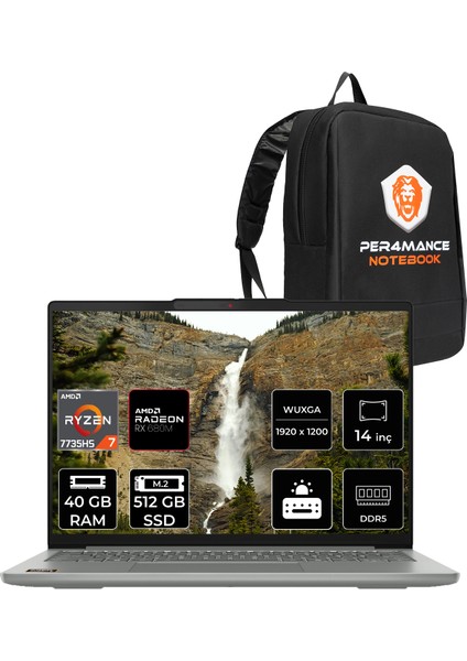 Ideapad Slim 5 Amd Ryzen 7 7735HS 40GB 512GB SSD 14" Fhd+ Fdos Taşınabilir Bilgisayar & Per4 Çanta 83HT000QTRP322