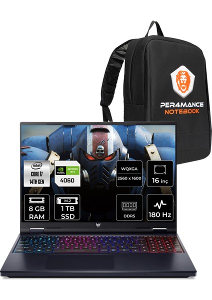 Predator Helios Neo 16 Intel Core I7 14650HX 8gb 1tb SSD RTX4060/8GB 140W 16" Qhd+ 180Hz Fdos Taşınabilir Bilgisayar & Per4 Çanta NHQRFEY001P303