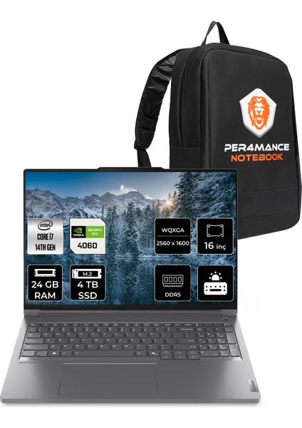 Thinkbook Intel Core I7 14650HX 24GB 4tb SSD RTX4060/8GB 16" Qhd+ Fdos Taşınabilir Bilgisayar & Per4 Çanta 21N50018TRP315