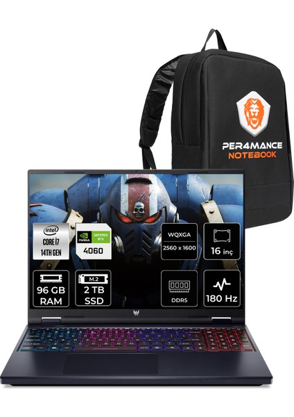 Predator Helios Neo 16 Intel Core I7 14650HX 96GB 2tb SSD RTX4060/8GB 140W 16" Qhd+ 180Hz Fdos Taşınabilir Bilgisayar & Per4 Çanta NHQRFEY001P339