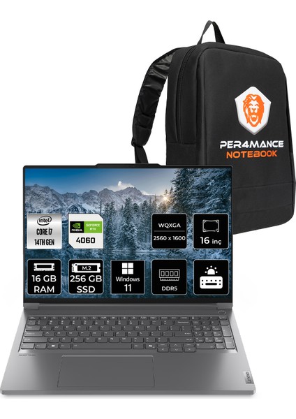 Thinkbook Intel Core I7 14650HX 16GB 256GB SSD RTX4060/8GB 16" Qhd+ Windows 11 Home Taşınabilir Bilgisayar & Per4 Çanta 21N50018TRP346